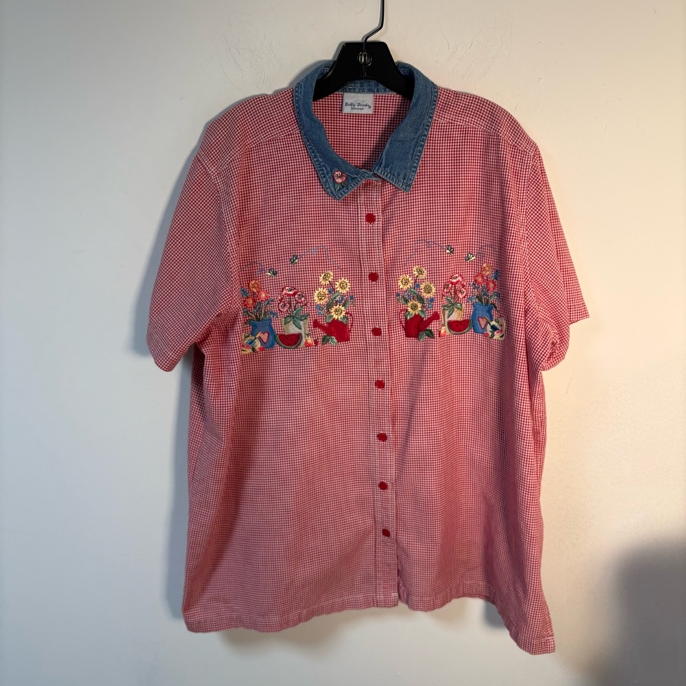 Vintage Bobbie Brooks Red Checkered Shirt with Floral Embroidery Granny Core XL